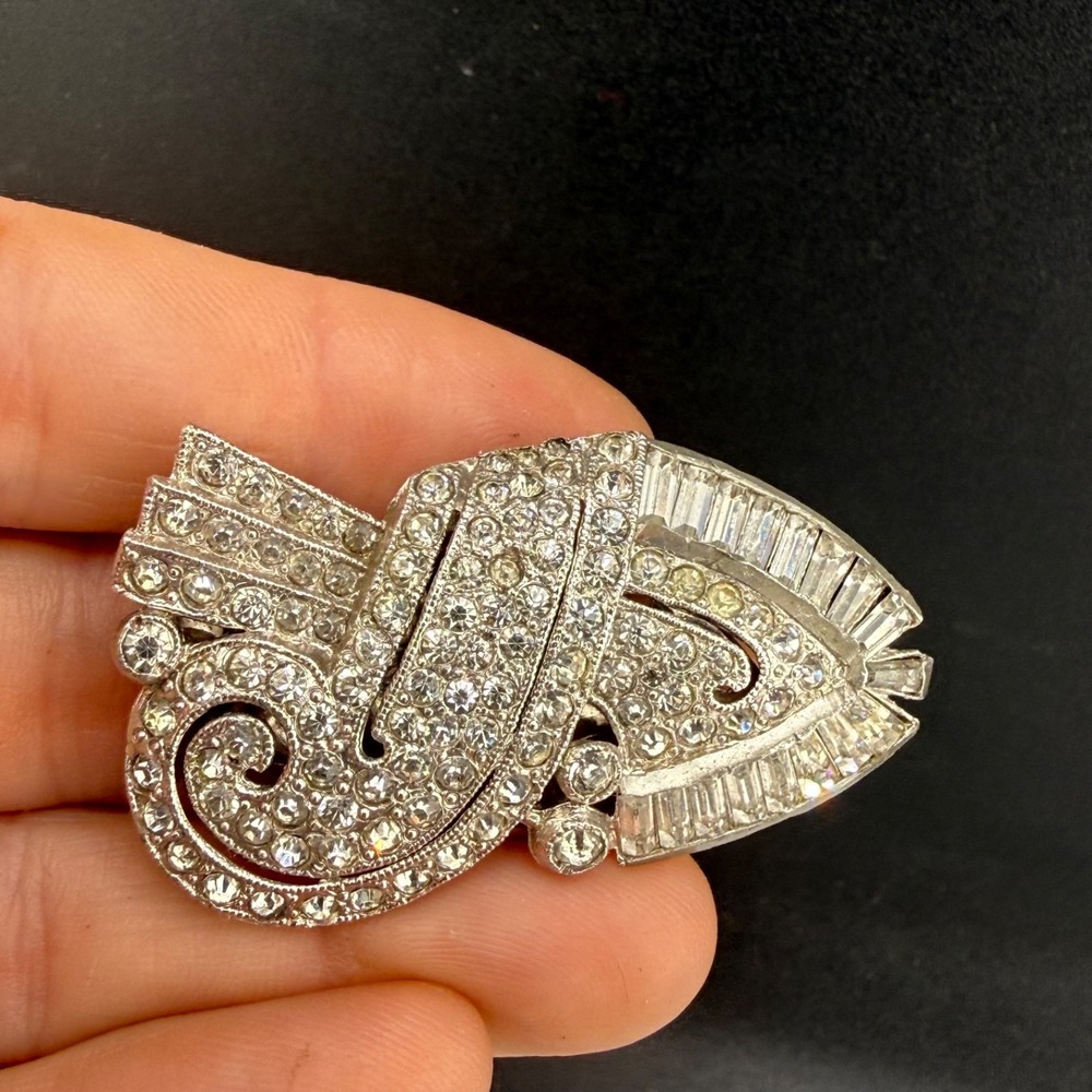 Vintage Estate Dress Clip Silver Art Deco Rhinestone Baguette Scroll 2"
